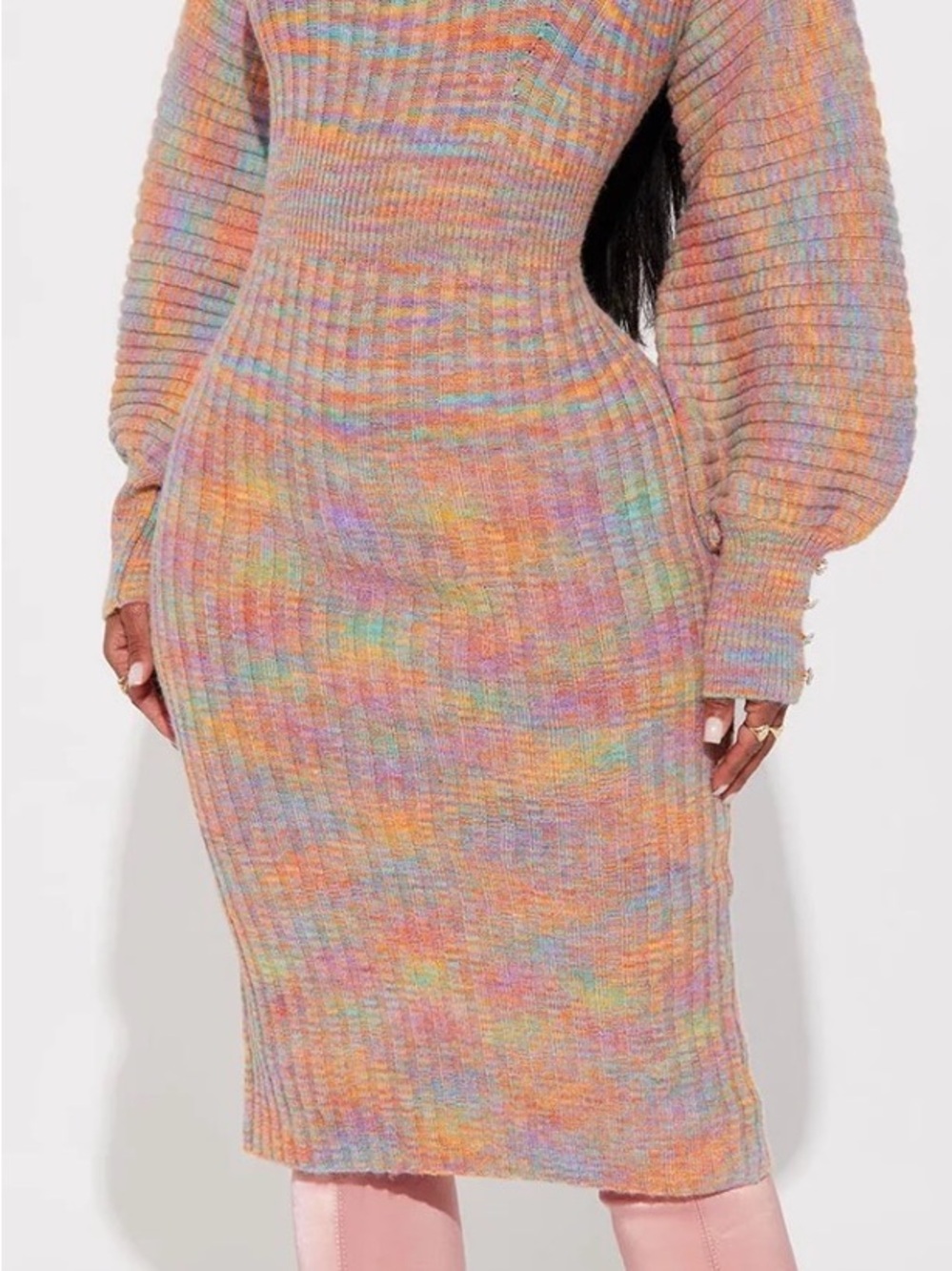 Striped Ribbed Midi Sweater Dress with Balloon Sleeves - Picture 6 of 9